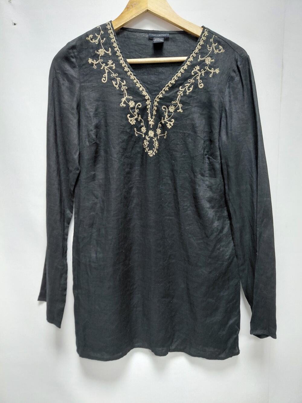 THE LIMITED Linen Embroidered Tunic Top Black Solid Long Sleeve Size M